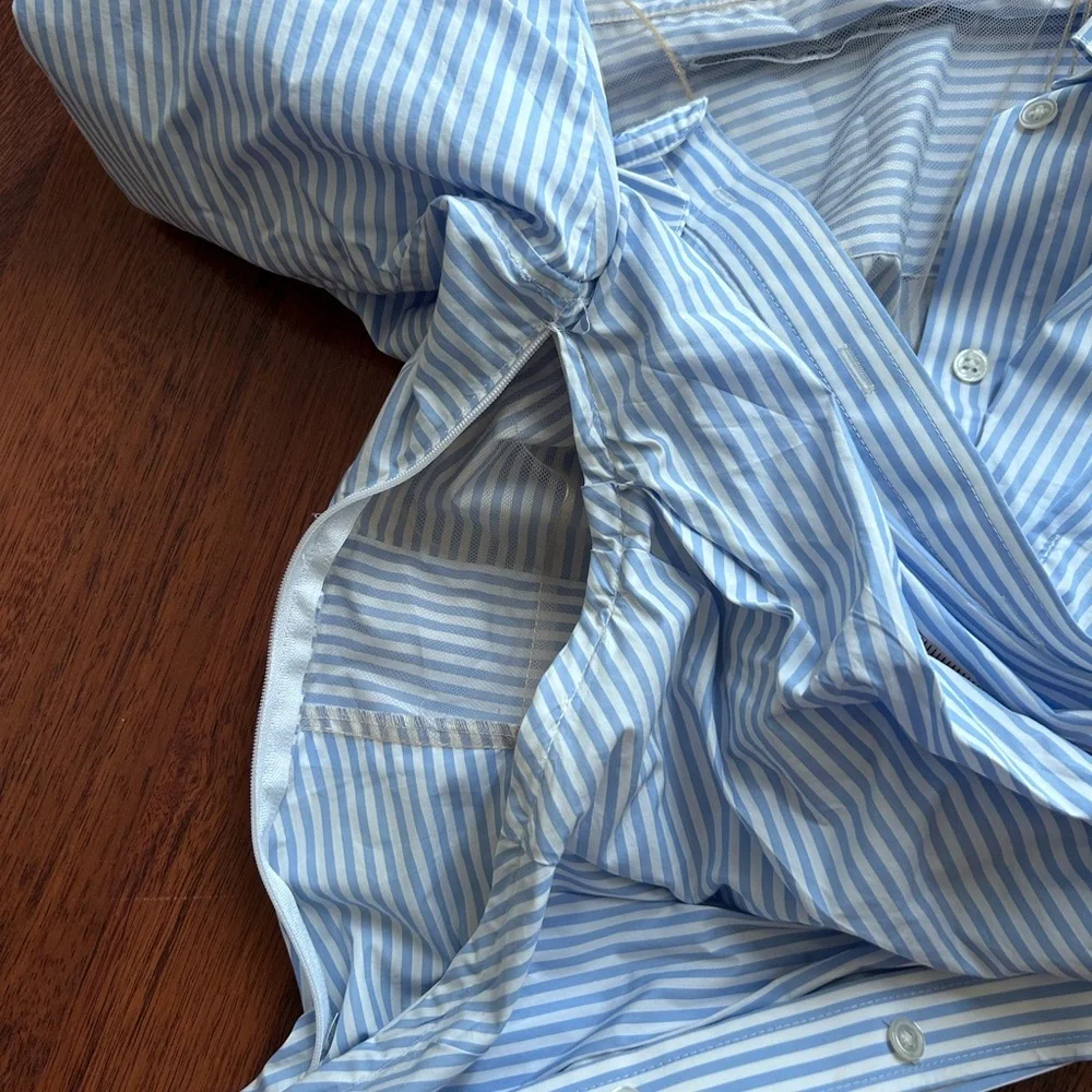 SOLD! Alexander Wang Off Shoulder Asymmetric Striped Mesh Accent Poplin Top 2 - Picture 16 of 17